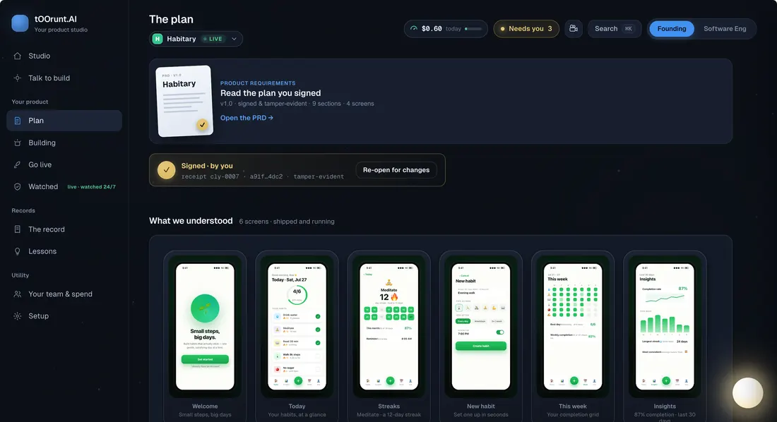 tOOrunt AI signed product plan showing the approved PRD, human signature and product screens