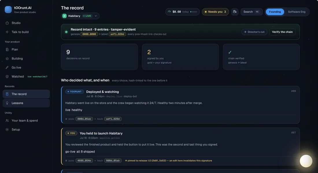 tOOrunt AI tamper evident record showing human and autonomous decisions linked in a verified hash chain